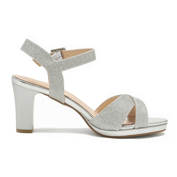 Chunky Heel Ankle Strap Sandals - SILVER GLITTER - 1